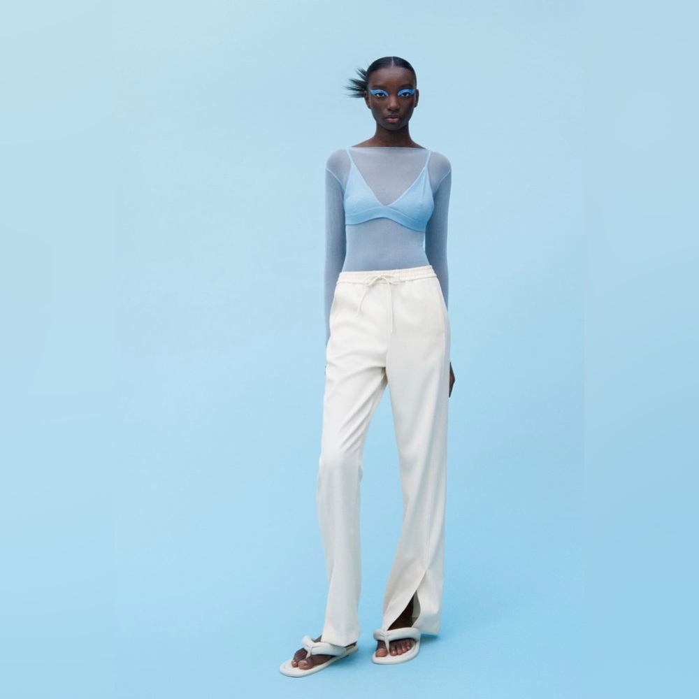 Zara Wide Leg Full Length Slit Pants, Ecru Color worn once